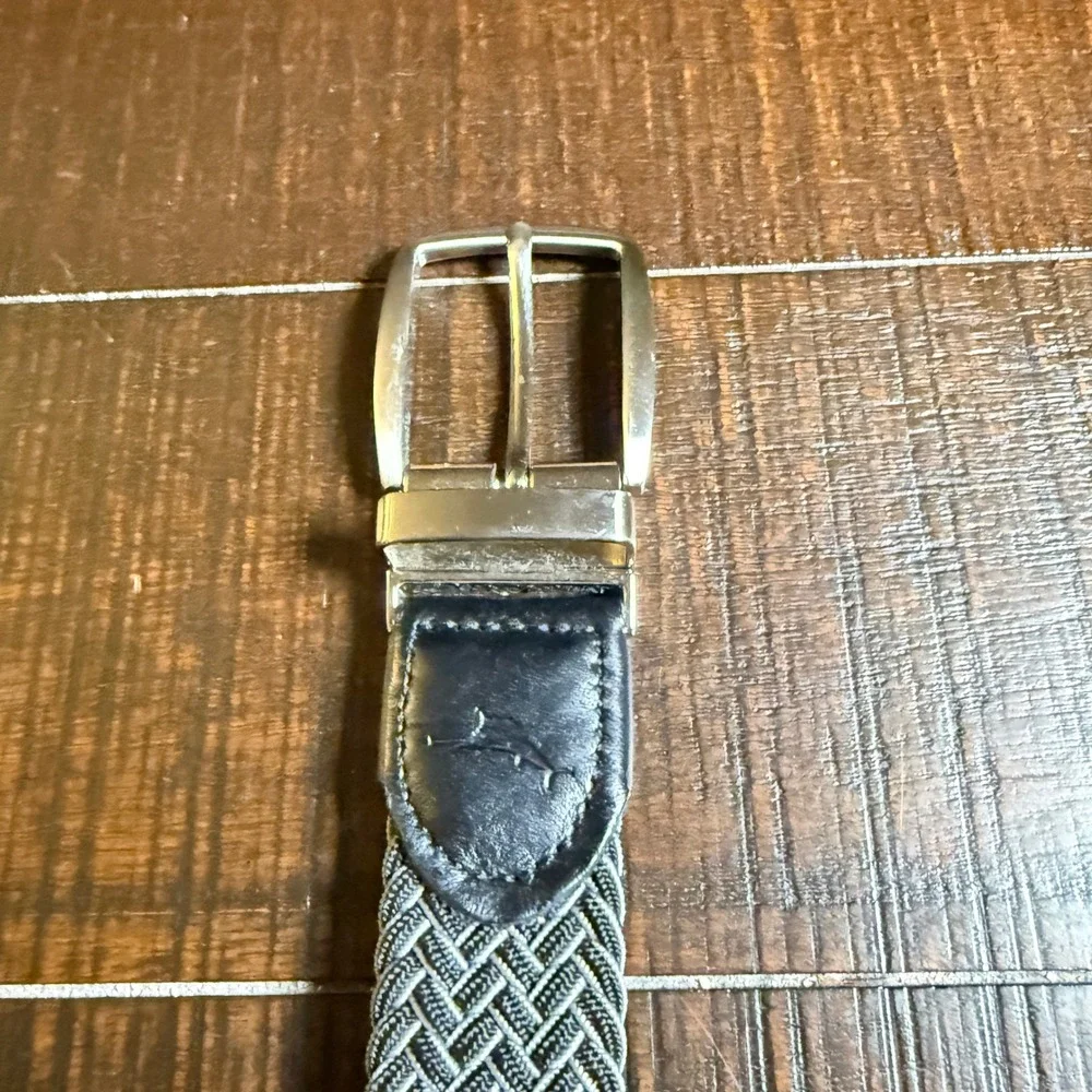 Tommy Bahama Braided Belt Mens S/M Gray Woven Leather Trim Casual Stretch